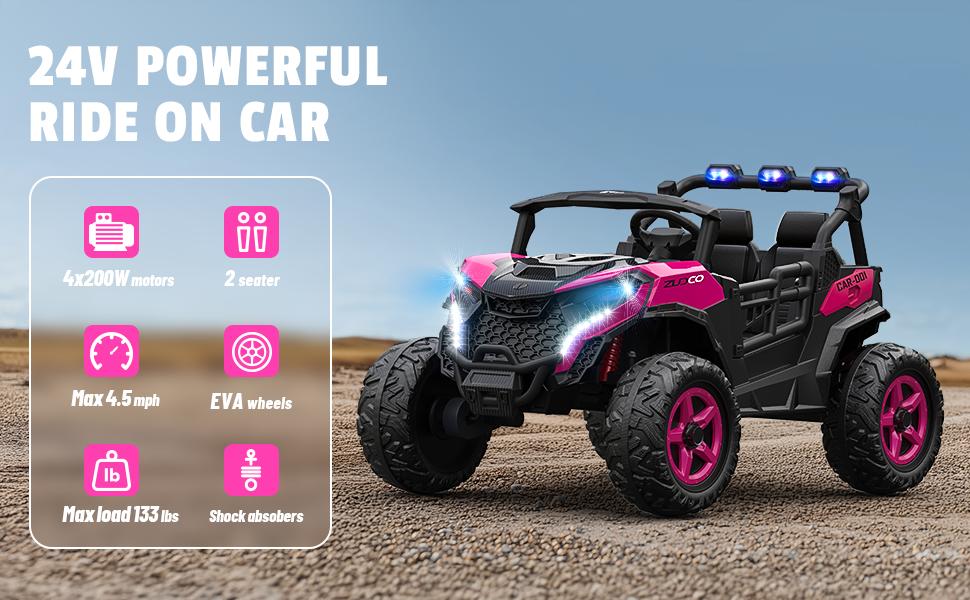ANPABO 24V 2-Seater Kids Ride-On Truck 4WD/2WD Remote Control Rainbow LED Lights Bluetooth 4 X 200W Engines EVA Tires High Chassis Safety Toddler Music Player