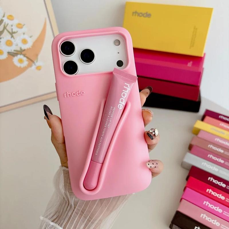 Rhode Cute Makeup Aesthetic Phone Case with Built-In Lip Balm Holder for iPhone 11 12 13 14 15 16 17, Shockproof Protective Back Cover, Stylish Beauty Phone Accessory for Women and Daily Carry