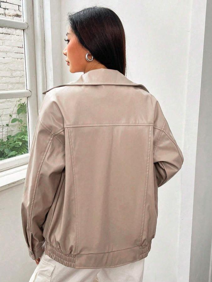 Zip Up Drop Shoulder PU Thick Leather Jacket *LooKo