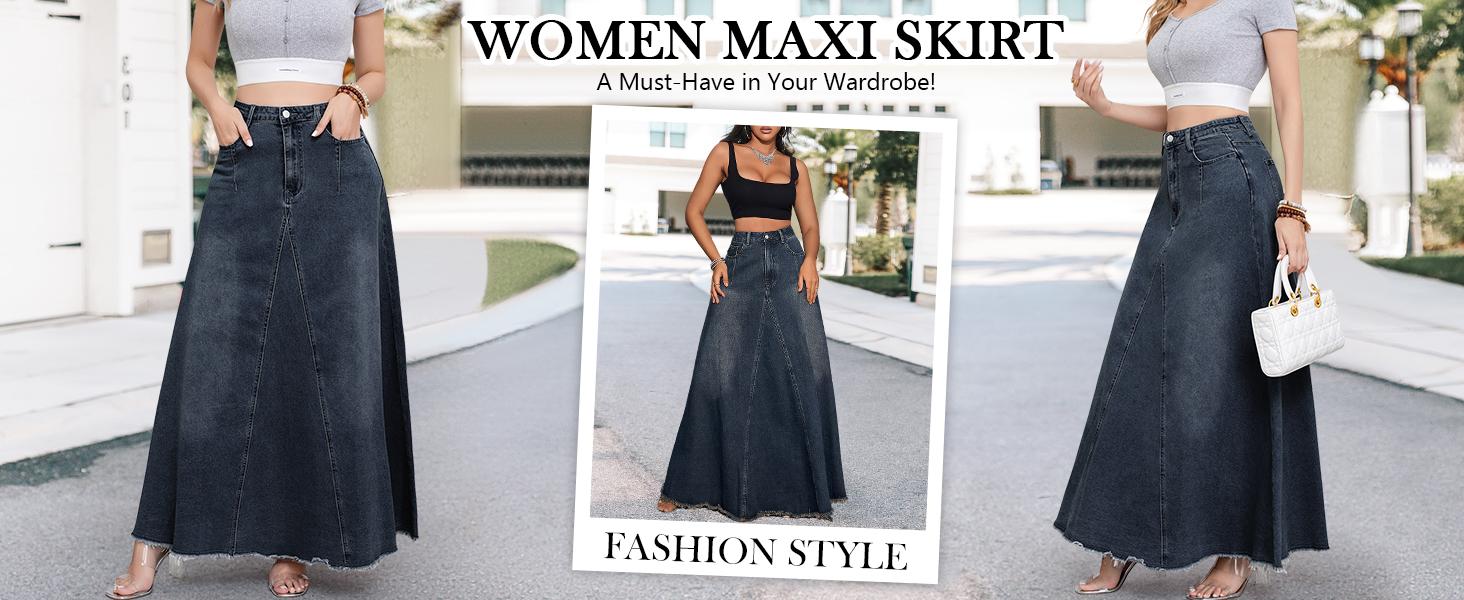 Ebossy Women's Retro Distressed High Waist Frayed Hem A Line Wash Maxi Long Denim Skirt with Pockets & Tassels for Casual & Party Wear