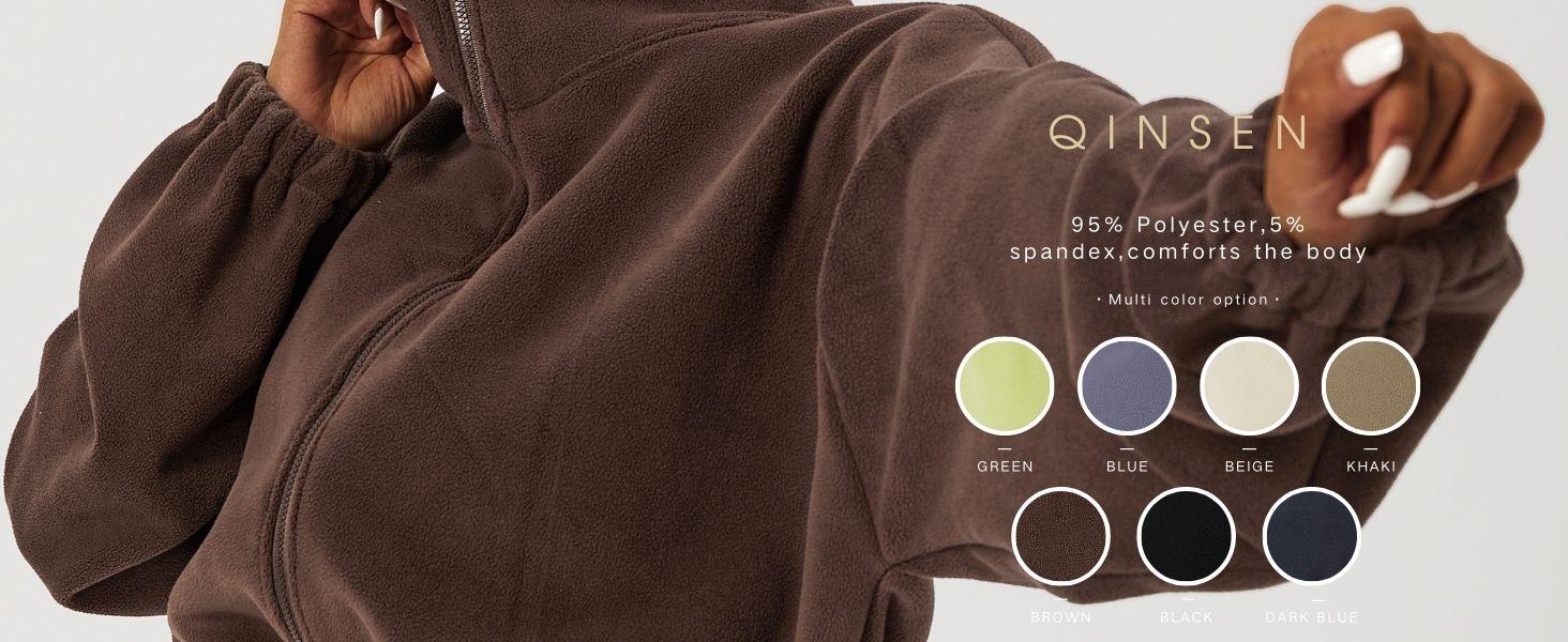 QINSEN Women's Full Zip Fleece Short Jacket Warm Winter Long Sleeve Stand Collar Sherpa Crop Coat Super Soft Polar Fleece Baggy Relaxed Fit for Cold Weather Activities