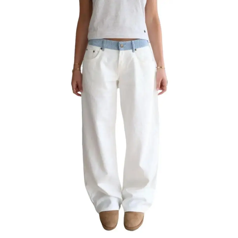 White Jeans with Blue Stripes Waistband With Poppers at the Side of the  Waistband Straight Cigarette Pants Loose and Comfortable Women's Bottoms