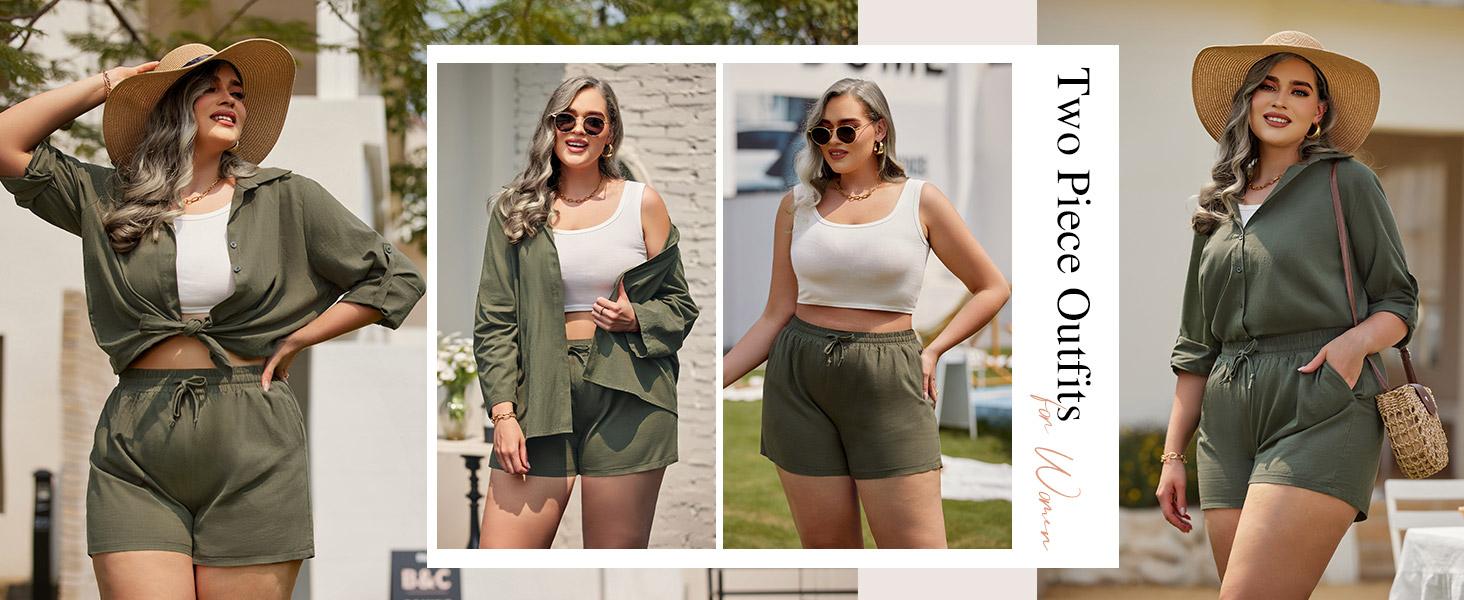 Plus Size Women's 2 Piece Outfits Cotton Linen Shirt and Drawstring Shorts Set Summer Tracksuits 2025#US 2025 Deals for You Days Plus Size Women's 2 Piece Outfits Cotton Linen Shirt and Drawstring Shorts Set Summer Tracksuits 2025#US 2025 Deals for You Days