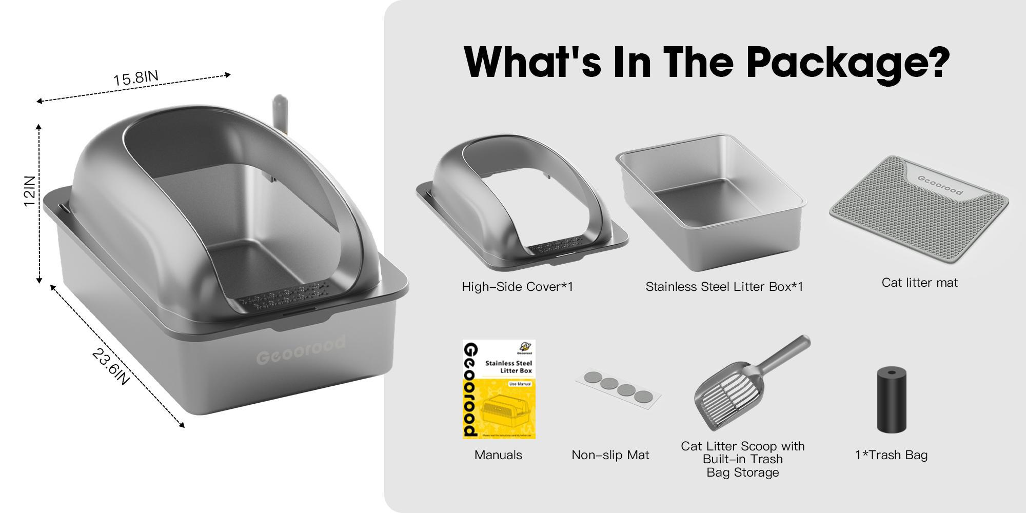 【Geoorood】Geoorood XXL Cat Litter Box Stainless Steel 20L with Lid,  XL Large Metal Litter Box High Sided Design,Anti-Urine Leakage, Include Cat Mat & Litter Scoop, Never Absorbs Odors, Easy Cleaning, Non-Sticky#February Stock Up