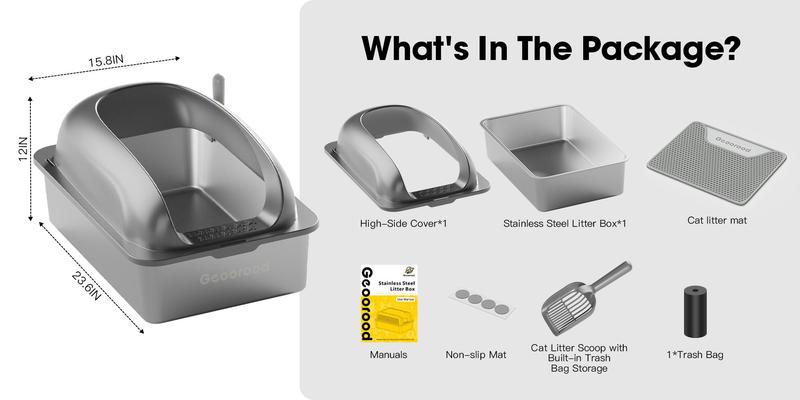 【Geoorood】Geoorood XXL Cat Litter Box Stainless Steel 20L with Lid,  XL Large Metal Litter Box High Sided Design,Anti-Urine Leakage, Include Cat Mat & Litter Scoop, Never Absorbs Odors, Easy Cleaning, Non-Sticky#February Stock Up