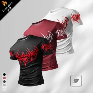 Men’s three-pack casual athletic T-shirts with skull tattoo print, crew neck, raglan sleeves, short length, made from lightweight mesh fabric with moisture-wicking properties for summer; slim fit, suitable for gym training; men’s tops.