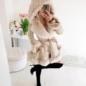 Belted Faux Fur Hooded Fit Coat Faux Fur Chav Coat Women's Double Breasted Wool Coat Double-Breasted Pea Coat Long Sleeve Open Front Blazer