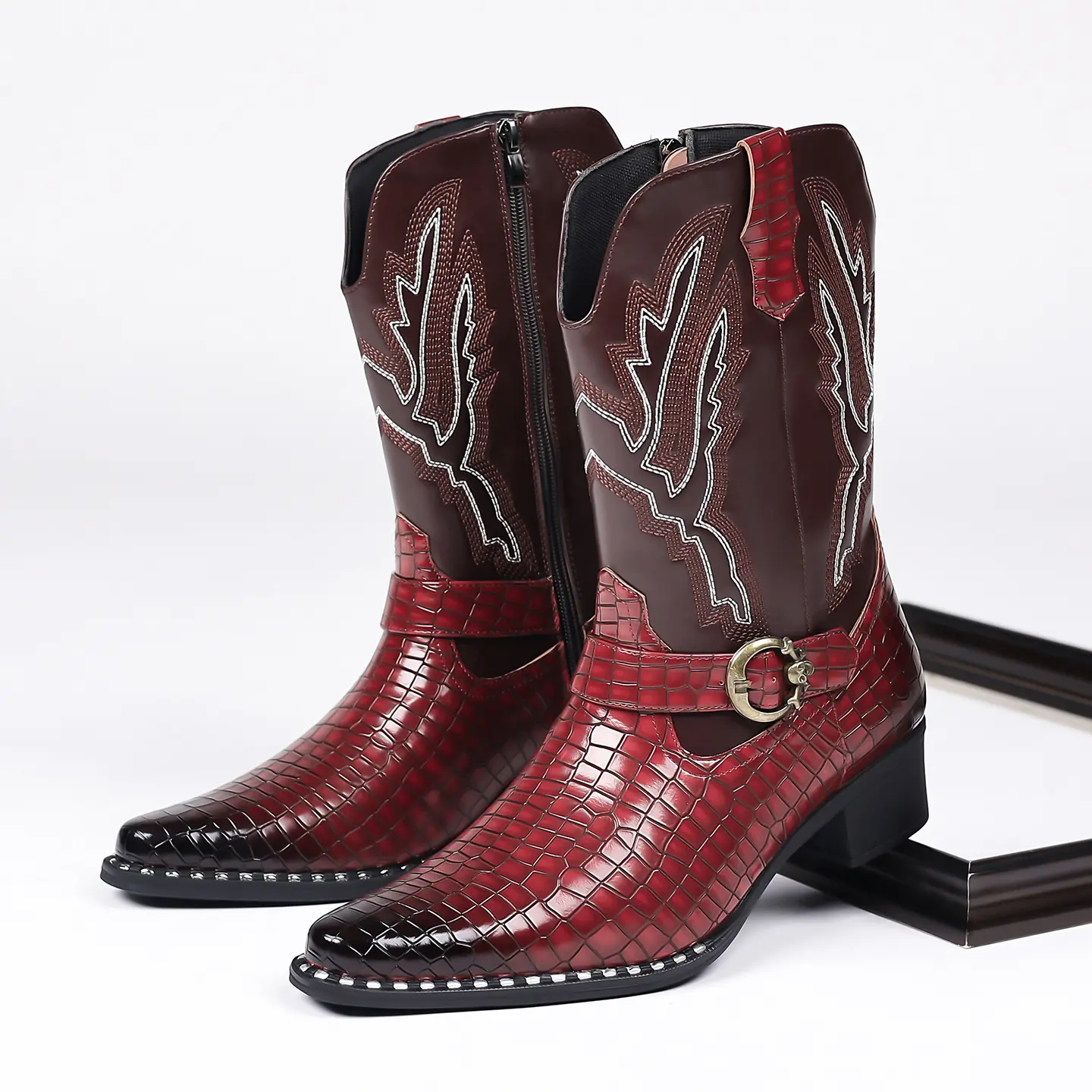 Men's Western Cowboy Ankle Boots - Stylish Plain Pointed Toe Leather Footwear with Crocodile Texture, Side Zipper, Men's Shoe, Walking Shoes, Design