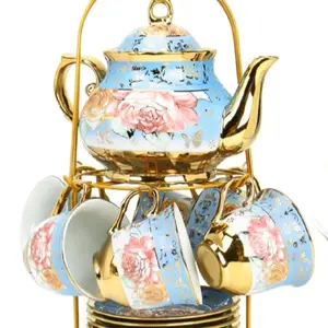 20 Pcs Porcelain Tea Set With Metal Holder, Adult Tea Set Gift, European Ceramic Tea Set For Adults, Flower Tea Cup Saucer Set For Spring Outing & Easter Party With Gold Flower Painting