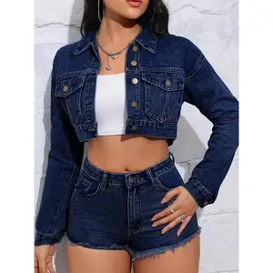 Chic Women's Blue Denim Jacket - Vintage-Inspired, Short Style with Raw Hem & Distressed Details, Long Sleeves, Button Closure Collar Black Fitted Womenswear Bag
