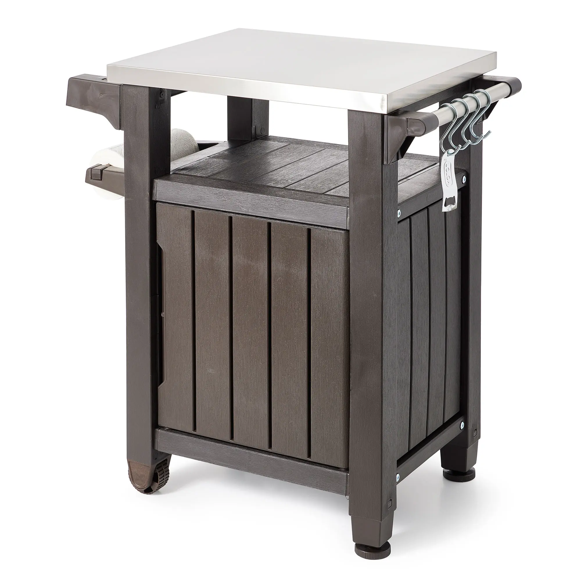 Keter Unity Grilling Cart Patio Storage Unit BBQ Outdoor Furniture with Weather-Proof Resin & Stainless Steel, 2 Sidebars & Spice Rack