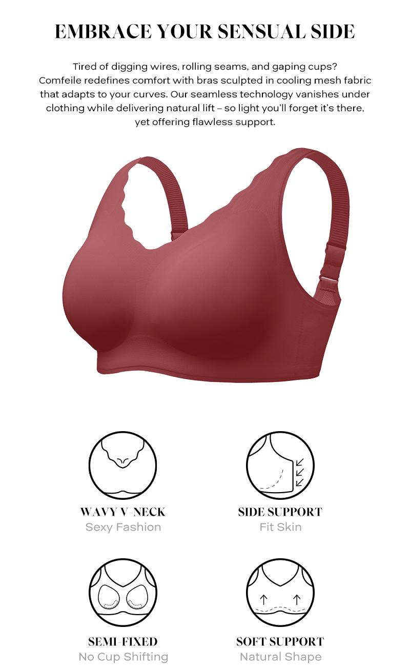 COMFELIE Size S-2XL Women's Seamless Bras, No Underwire Scalloped Bras Soft V Neck Full Coverage Everyday Bra EB033