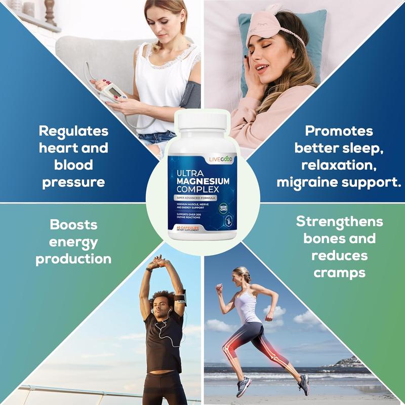 LiveGood Ultra Magnesium Complex | Organic Magnesium Glycinate and Gluconate for Muscle Recovery, Nerve Support & Relief – High Absorption Supplement, Vegan, Non-GMO, Made in USA, 60 Capsules