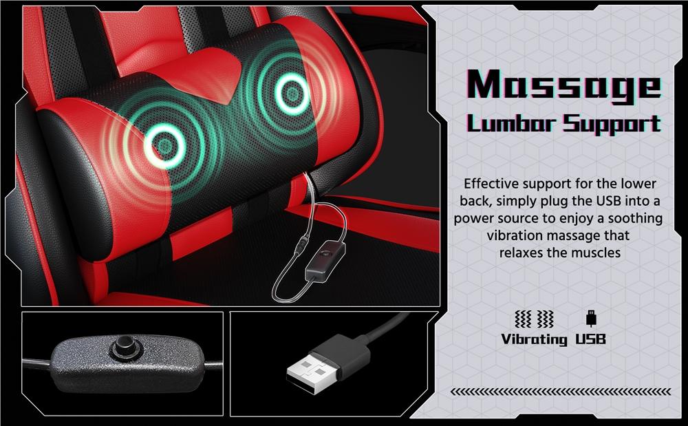 Costoffs Massage Function Gaming Chair  Ergonomic PU Leather Office Chair 90-135° Recline Swivel Height Adjustable with Headrest & Storage Pocket 300lbs Capacity