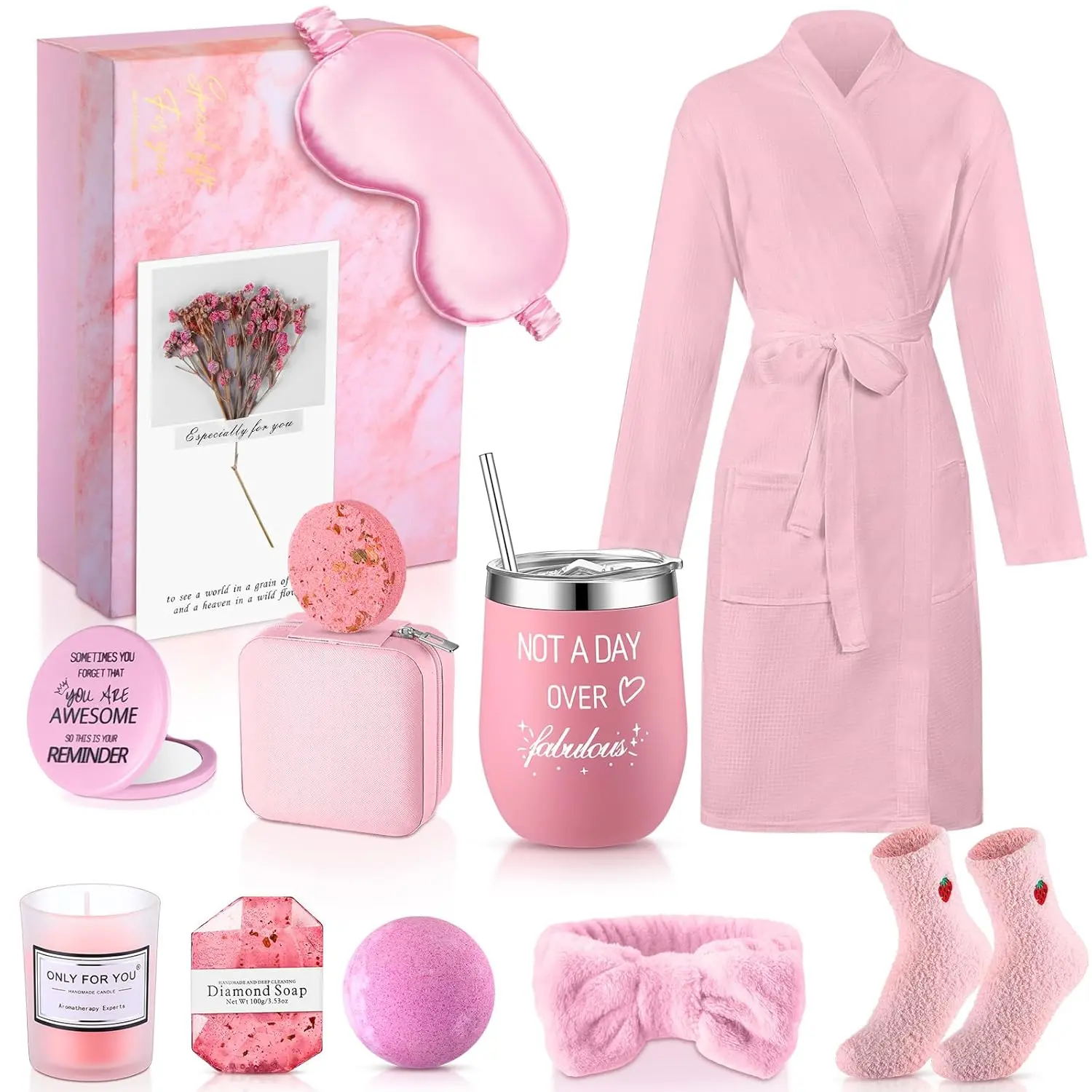 Gejoy Robe Gift for Women 13pcs Mother's Day Gifts Spa Gift Box with Robe Socks Jewelry Box Thermal Cup Scented Candle Mini Mirror Bath Salt Shower Soap Greeting Card, Hardcover Gift Box for Girlfriends Wives Mother Siste Friends Nurse Girls