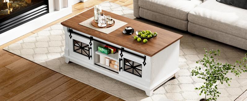 IRONCK 48'' Coffee Table with Sliding Barn Doors, Rustic Center Table with 6 Large Storage Space, Glass Doors and Adjustable Middle Shelf, Farmhouse Coffee Tables for Living Room