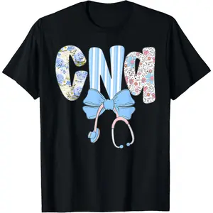Coquette CNA Nurse Blue Floral Stethoscope Bow Cute Nurse T-Shirt