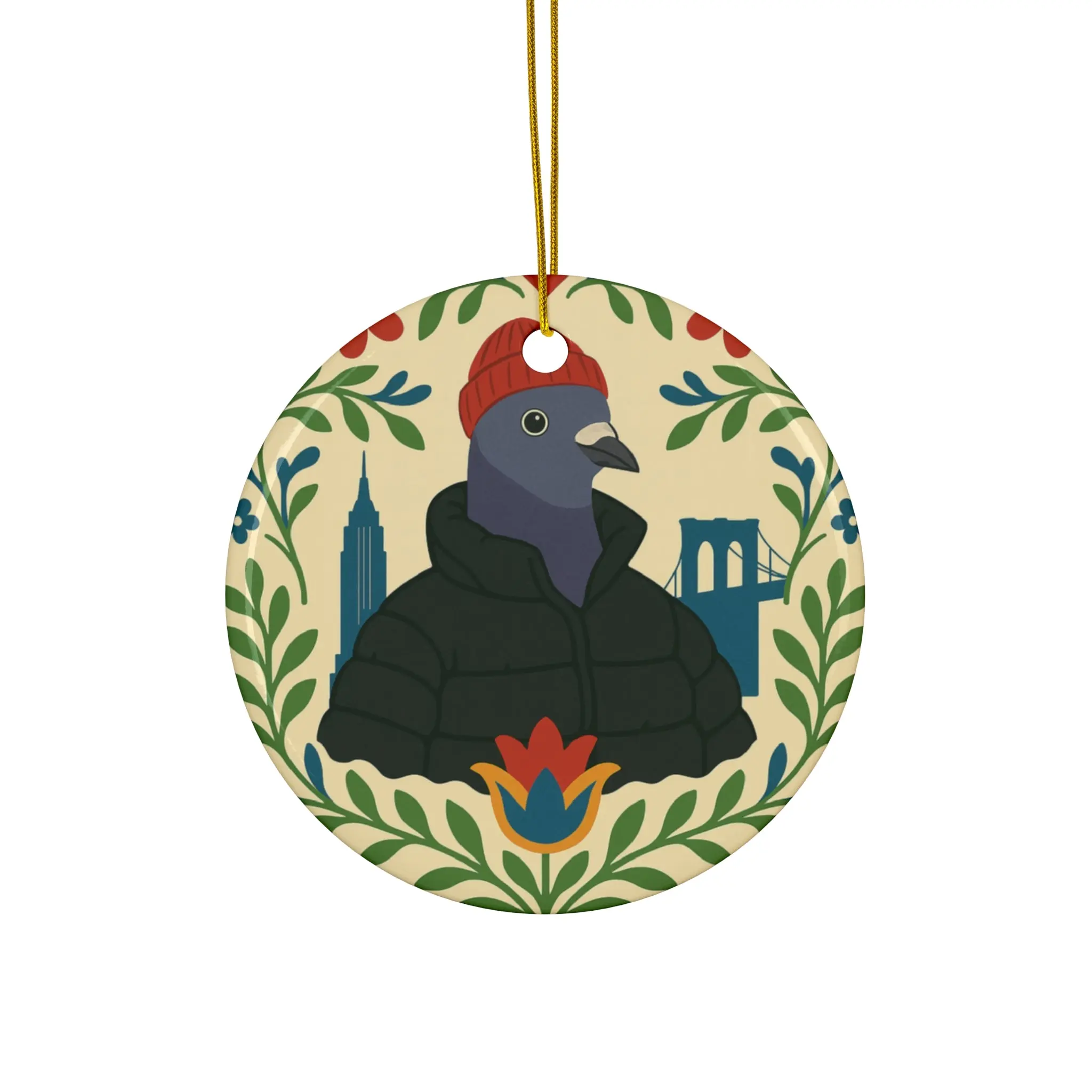 Pigeon in Puffer & Beanie Ceramic Ornament — Cute Winter Bird Holiday Decoration