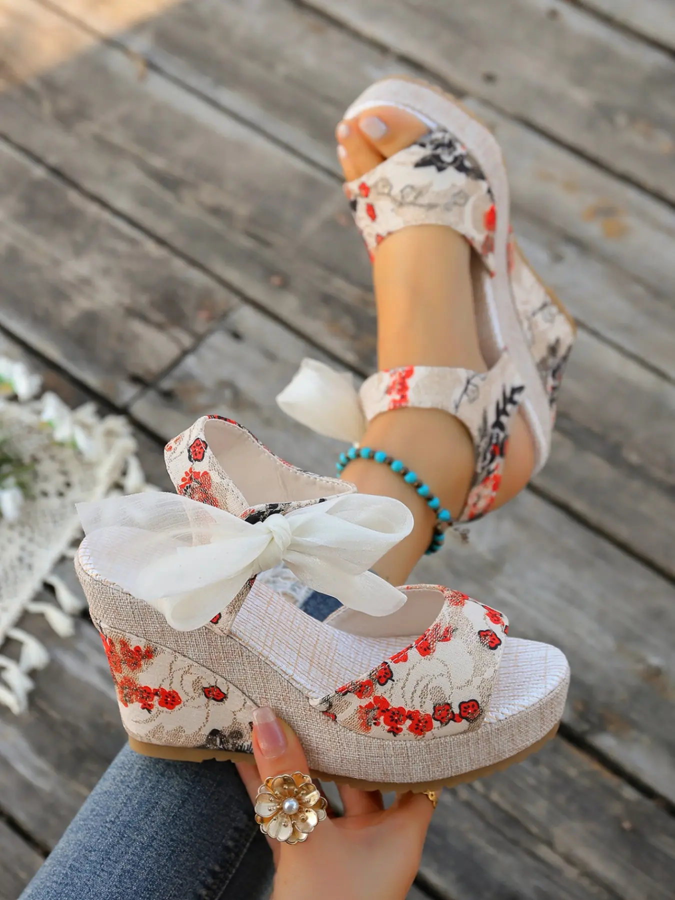 Women's Sweet Floral Bow Love Heeled Sandals, Open Toe Thick Sole Elevator High Heels, Summer Elegant Fashion Casual Vacation Shoes