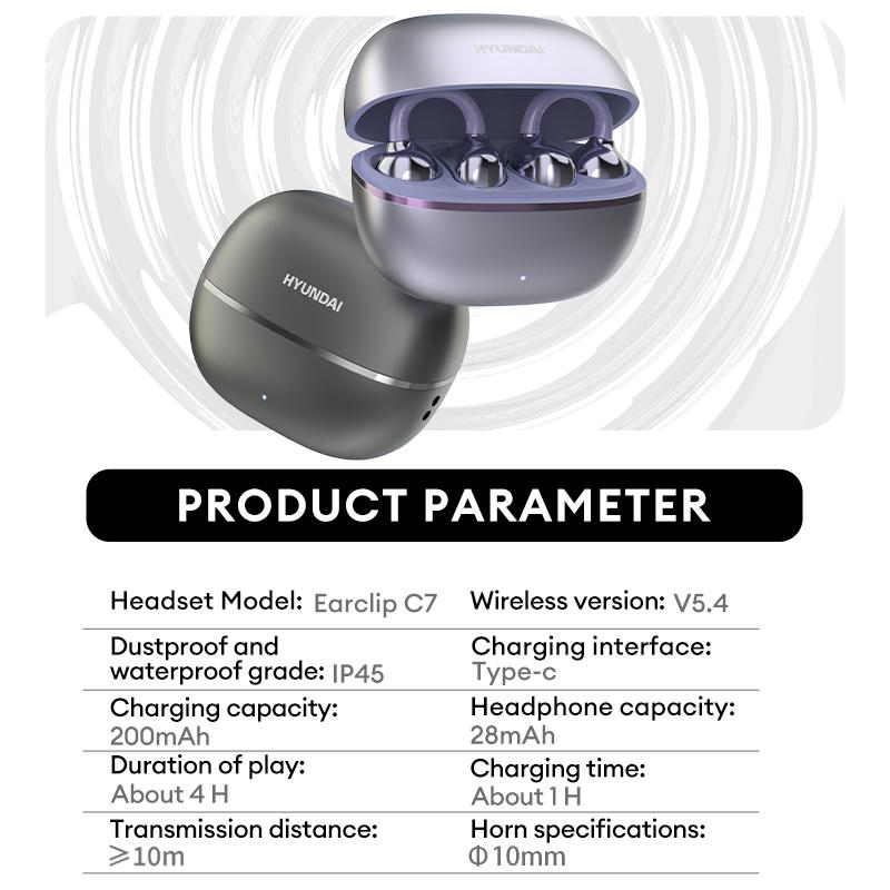 HYUNDAI Earclip C7 Wireless Earphones with Clip-On Design, Upgraded Panoramic Sound, Comfortable Fit, IP45 Waterproof Sports Earbuds, Audio Wireless Headphones for Music, Calls & Workouts