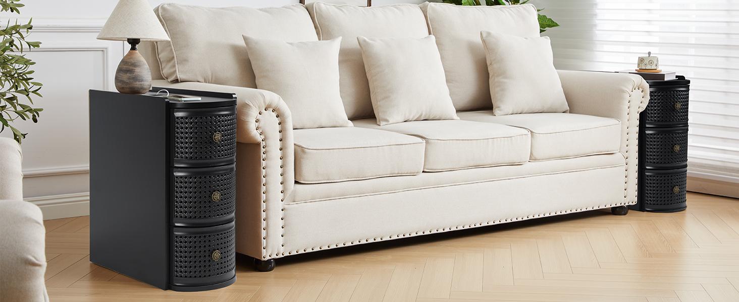 Giratree Metal Rattan Narrow End Table with Charging Station, Black Side Table with Drawers Storage, Small Night Stand with Power Outlets and USB Ports, Sofa Side Table for Living Room