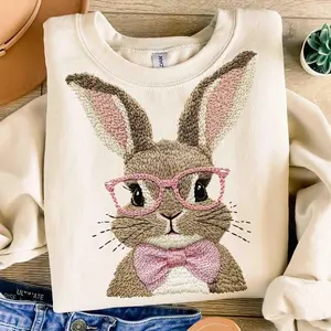 Retro Easter Bunny Shirt, Vintage Happy Easter Graphic Tee, Faux Embroidery Girly Bunny T-Shirt, Funny Bunny Sunglasses Easter Holiday Shirt