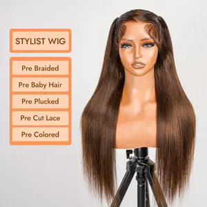 Wiggins Hair Pre Braided Chocolate Brown Stylist Straight Wig Pre Cut 13x4  Lace Frontal Wig  Ready To Go Human Hair Braided Wig Beginners Glueless Wig