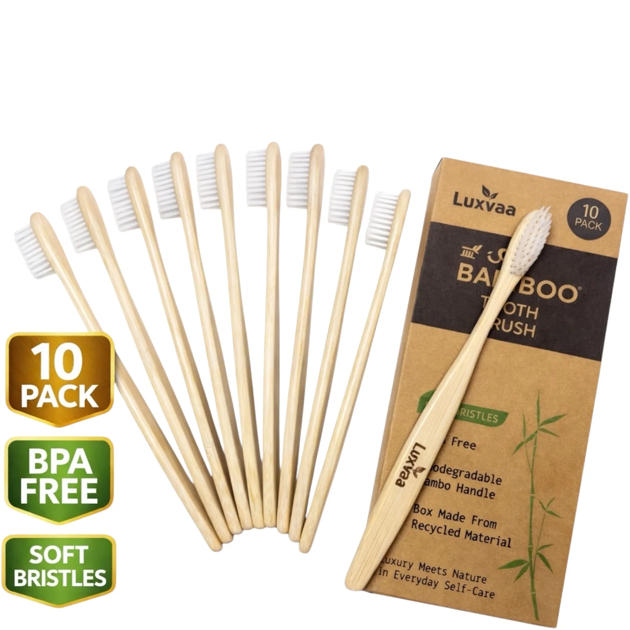 Bamboo Toothbrushes 10-Pack - Eco-Friendly Oral Care for Adults with Gentle Soft Bristles, BPA-Free Biodegradable Handle