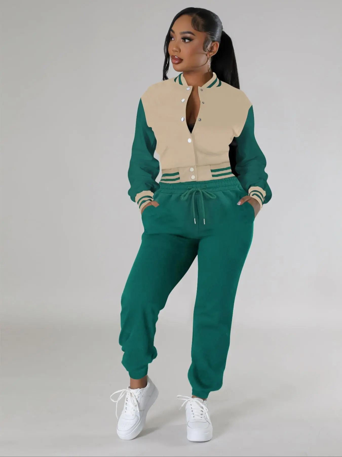 Women's Colorblock Print Short Jacket & Adjustable Drawstring Waist Sweatpants Two-piece Set, Two Pieces Sets, Long Sleeve Mock Neck Outerwear & Pocket Pants for Daily Wear, Ladies Fall & Winter Clothes, Fitted, Tomboy Femme Outfits, Clothes Set