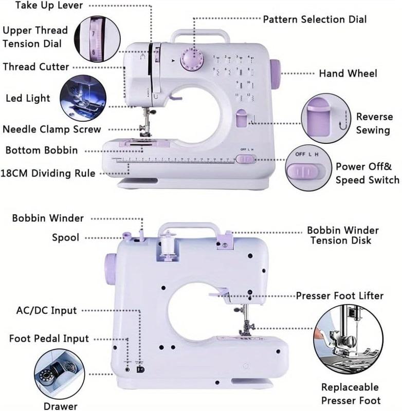 Portable Mini Electric Sewing Machine – 12 Built-in Stitches, 2-Speed Control, Foot Pedal Operation, Built-in Light, Storage Drawer & Complete Sewing Kit – Perfect for Beginners & Home Use (Purple)