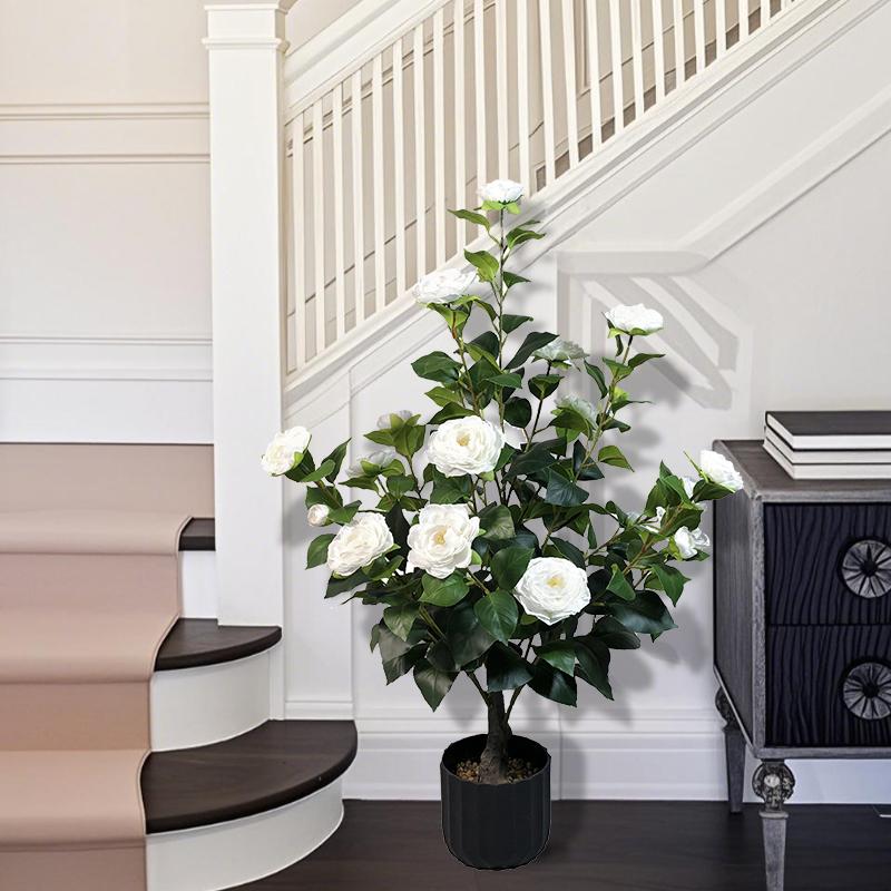 2 Pcs 3-foot Camellia Tree with Decorative Pebbles, Flower Pot, 24 Realistic Flowers, 188 Leaves for Indoor, outdoor courtyard Home Decor