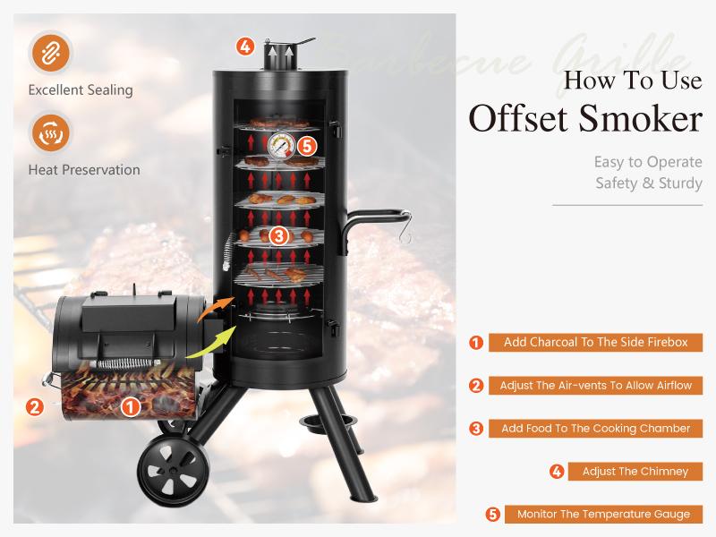 Heavy Duty Smoker, X-Large Charcoal Grill with Offset Smoker, 942 sq.in. Cooking Area, For Outdoor Camping Family & Friends Gathering Barbecue