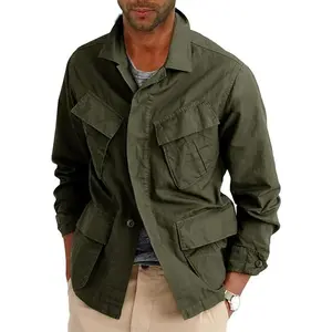 Runcati Men's Lightweight Cotton Button-Up Safari Jacket - Long-Sleeve Military Cargo Outdoor Outwear