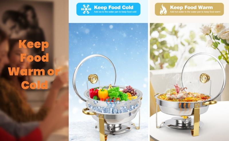 【Christmas Deal】GARVEE 2-Pack 5QT Stainless Steel Round Chafing Dish Buffet Set with Lid Holder & Glass Lid, Buffet Servers and Warmers for Parties, Weddings, Camping, Available in Gold and Silver