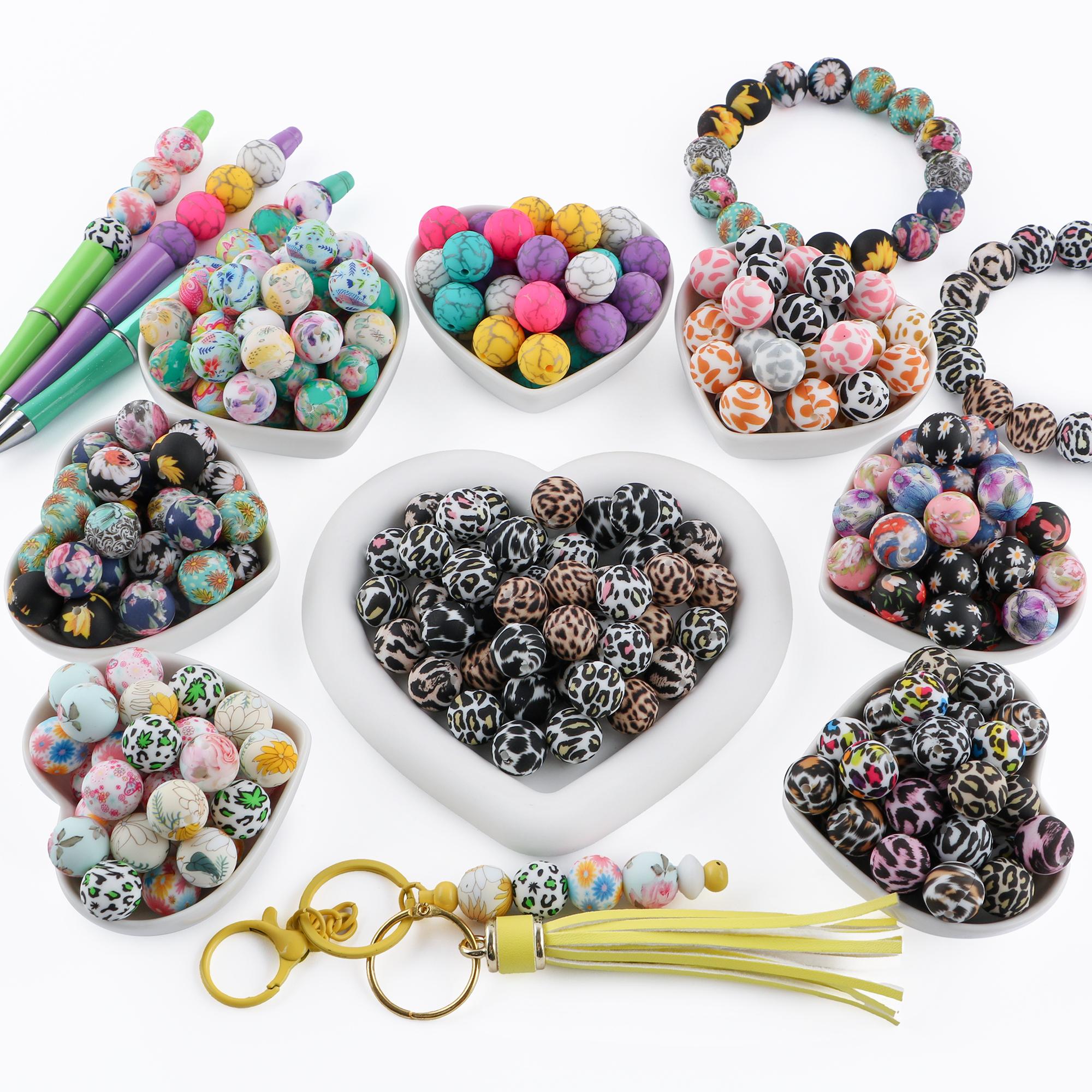 45PCS Round Silicone Beads 15mm,Pink Yellow Black Sunflower Leopard Butterfly Cow Print Silicone Beads for Keychain Making,DIY Crafts