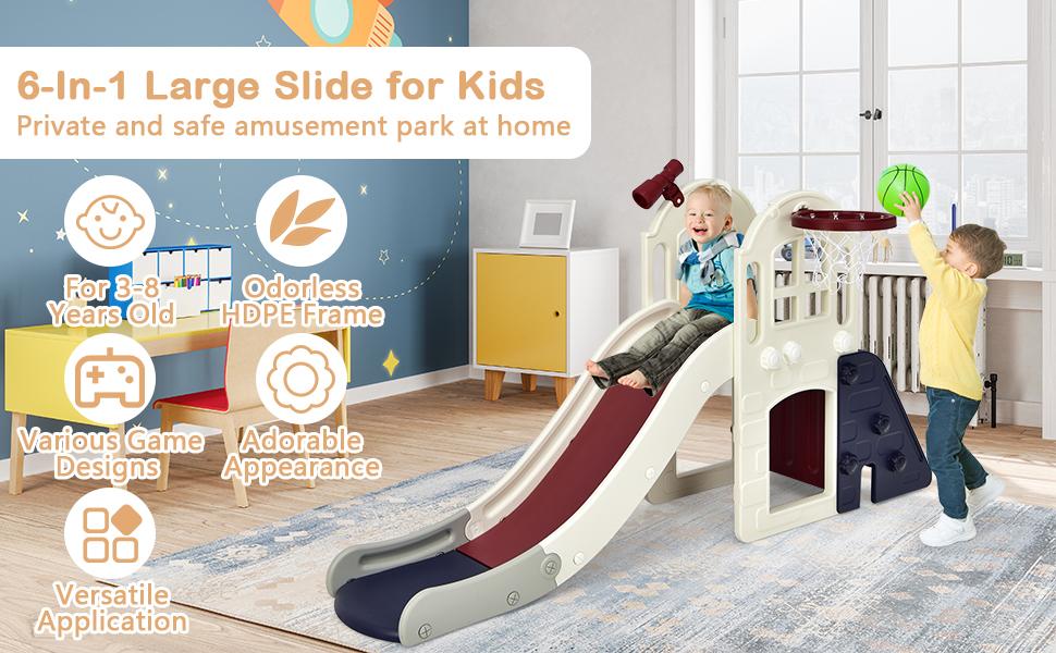 Costzon Large Slide for Kids, Slide Play Climber Set with Long Slipping Slope, Basketball Hoop and Ball, for Indoor Outdoor Backyard，fathersdaygift