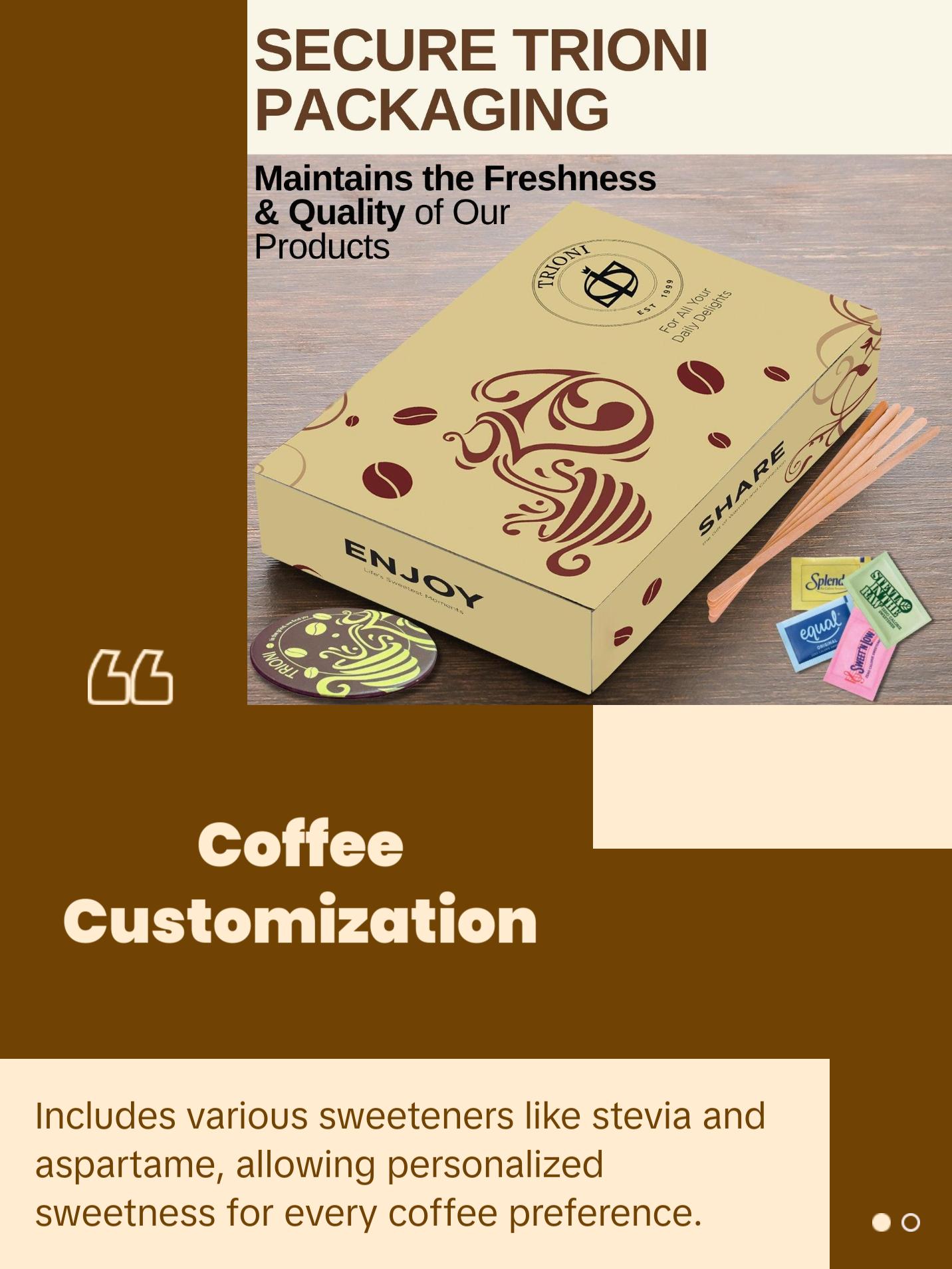 TRIONI Sweetener Assortment Pack - Stevia, Aspartame, Saccharin, and Sucralose with Stirrers and Coaster