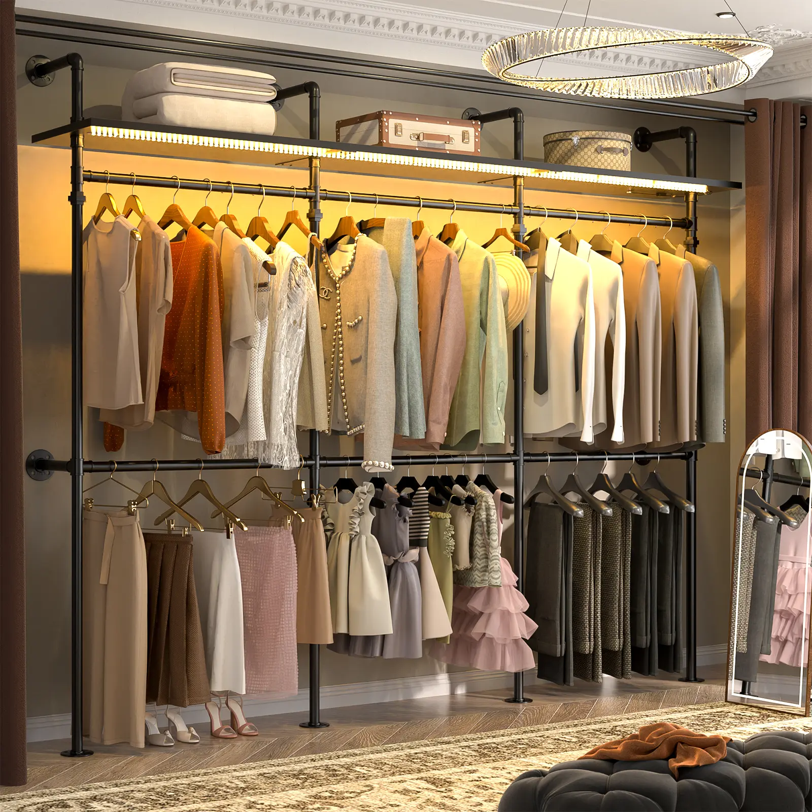 Cyclysio Industrial Style Wall-Mount Garment Rack - Adjustable Metal Pipe Closet Organiser with LED Lights, Shelves, 6-Bar Wide Hang, Expandable Assemble Kit for Modern Indoor Closet Storage