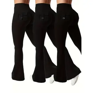 3 pieces of black, gray, and green fashionable work pants, women's casual flared pants, high waisted pocket sportswear, work style peach hip pants, sporty