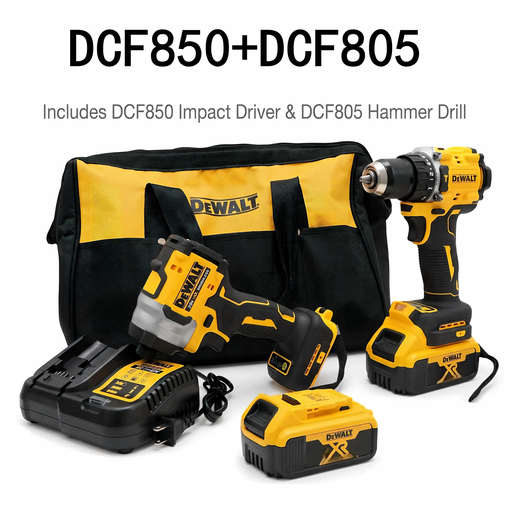 DEWALT DCF850 Impact Driver & DCF805 Cordless Drill Hammer Set Kit - 4-Mode Control, High Torque, Long Runtime Battery, Electronic Brake, Mechanical Drive, Impact Drill Combination for DIY Power Tools Heavy-Duty Projects