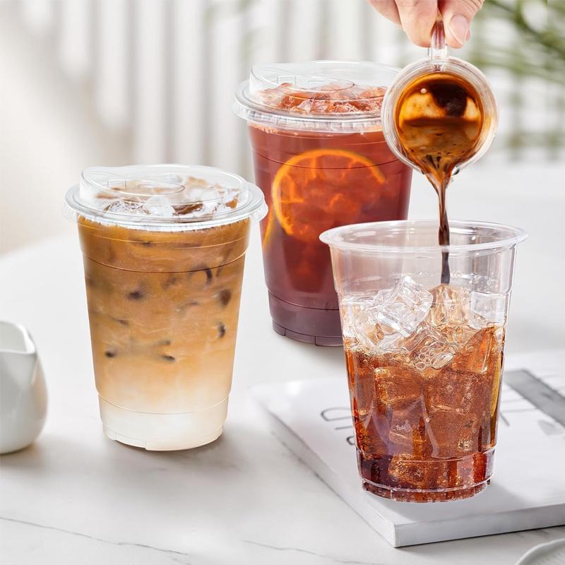 10-Pack Leak-Resistant Disposable Clear Plastic Coffee Cups - With Lids Food-Grade for Office Home Parties Hot/Cold Drinks
