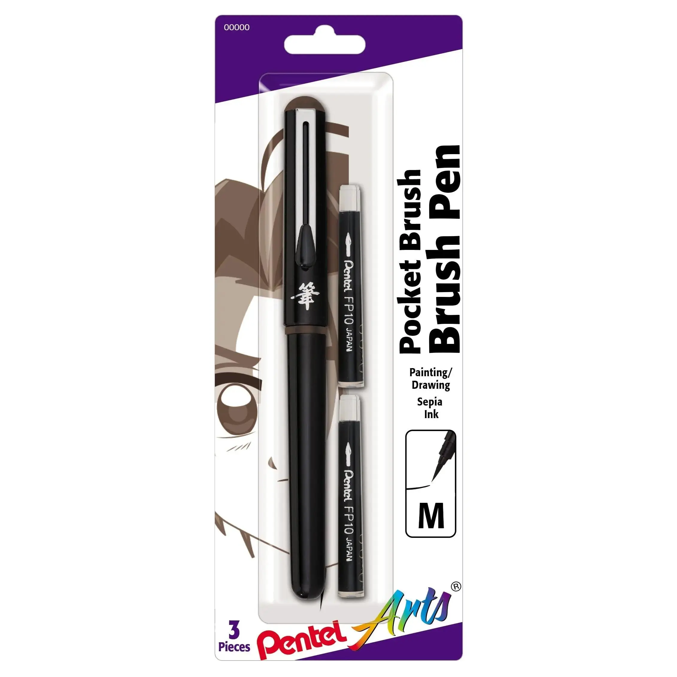 Pentel Arts Pocket Brush Tip Capped Pen, Waterproof Pigment Ink Writing Tool with 2 Ink Refills for Drawing (Office Stationery)