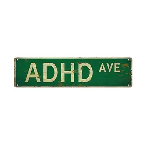 2D Flat, ADHD AVE" 2D Flat Effect Sign - Humorous, Vintage Green Street Name Sign with Aged Look, Ideal for Home, Bar, Cafe, and Garage Decor, Garage Decoration | Vintage Street Name Sign | Durable Decor, Metal Wall Art, Room Decor (3.9in X 11.7in)