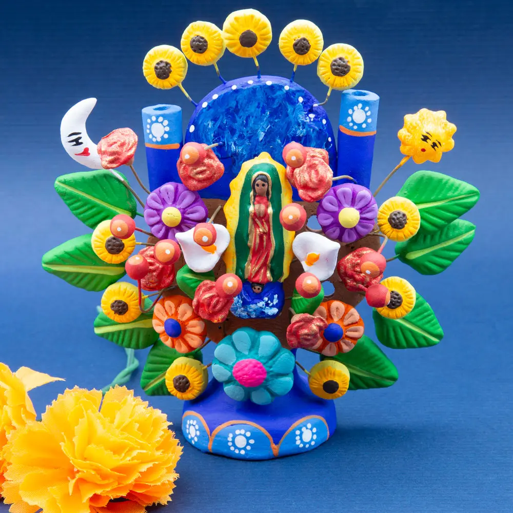 Virgen de Guadalupe Small Hand-Painted Traditional Clay Tree of Life Religious Sculpture - 5½" Tall, 4½" Wide, Solid Clay Base (2½" Diameter), Colorful Ethnic Artwork, Unique Home Decor Statue