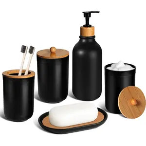 ZY Black Bathroom Accessories Set 5 Pcs, Matte Black Bathroom Accessories, Plastic Soap Dispenser and Toothbrush Holder Set, Soap Dish, Cotton Swab Jar, Black Bathroom Set, Boho Bathroom Decor Glass Hand Farmhouse Beige