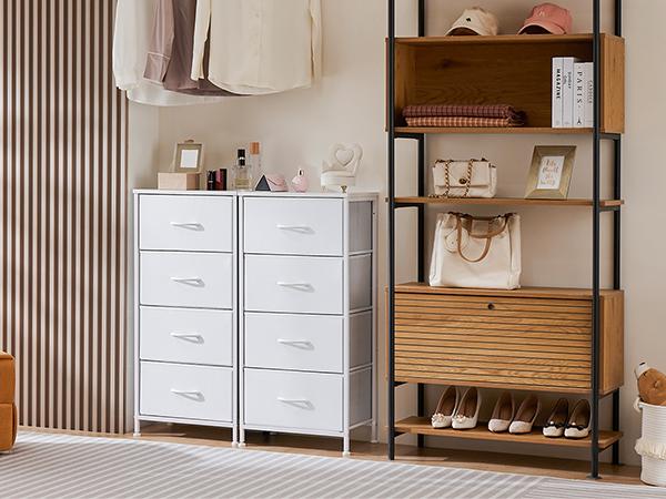 Dresser with 4 Drawers, Storage Tower, Organizer Unit, Fabric Dresser for Bedroom, Hallway, Entryway, Closets, Sturdy Steel Frame, Wood Top, Easy Pull Handle