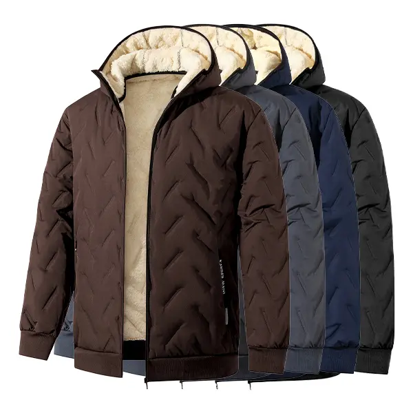 Men's Thick Ribbed Fleece-Lined Quilted Thermal Hooded Winter Parka - Heavyweight Insulated Cotton Blend Zip-Up Coat with Layering Option for Cold Outdoor Use, Plain Design