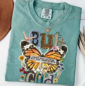Comfort Colors Floral But God Made A Way T-shirt, Christian Patchwork Collage T-shirt, Monarch Butterfly Religious T-shirt, Bible Verse Faith Shirt, Trendy Jesus Art