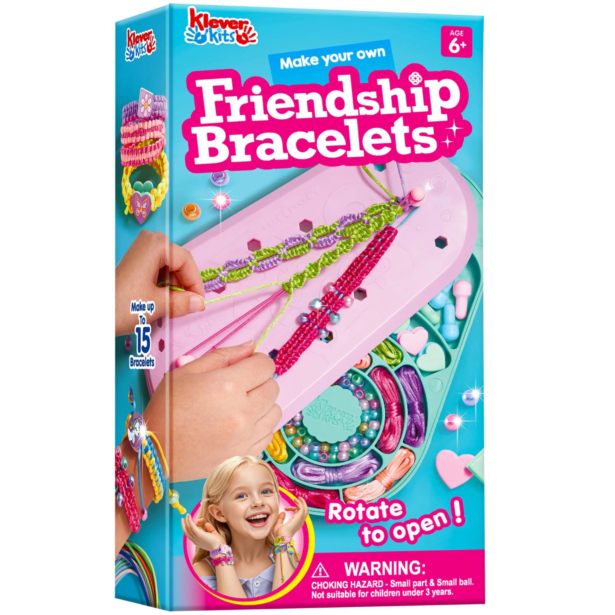 Klever Kits Friendship Bracelet Making Kit for Kids Ages 6-12 - Complete Set with 10 Knot Styles, 20 Colorful Pegs, 24 Threads, 15 Elastics, 15 Buckles, 24 Stickers, Perfect for Bonding Moments & Creative Girls