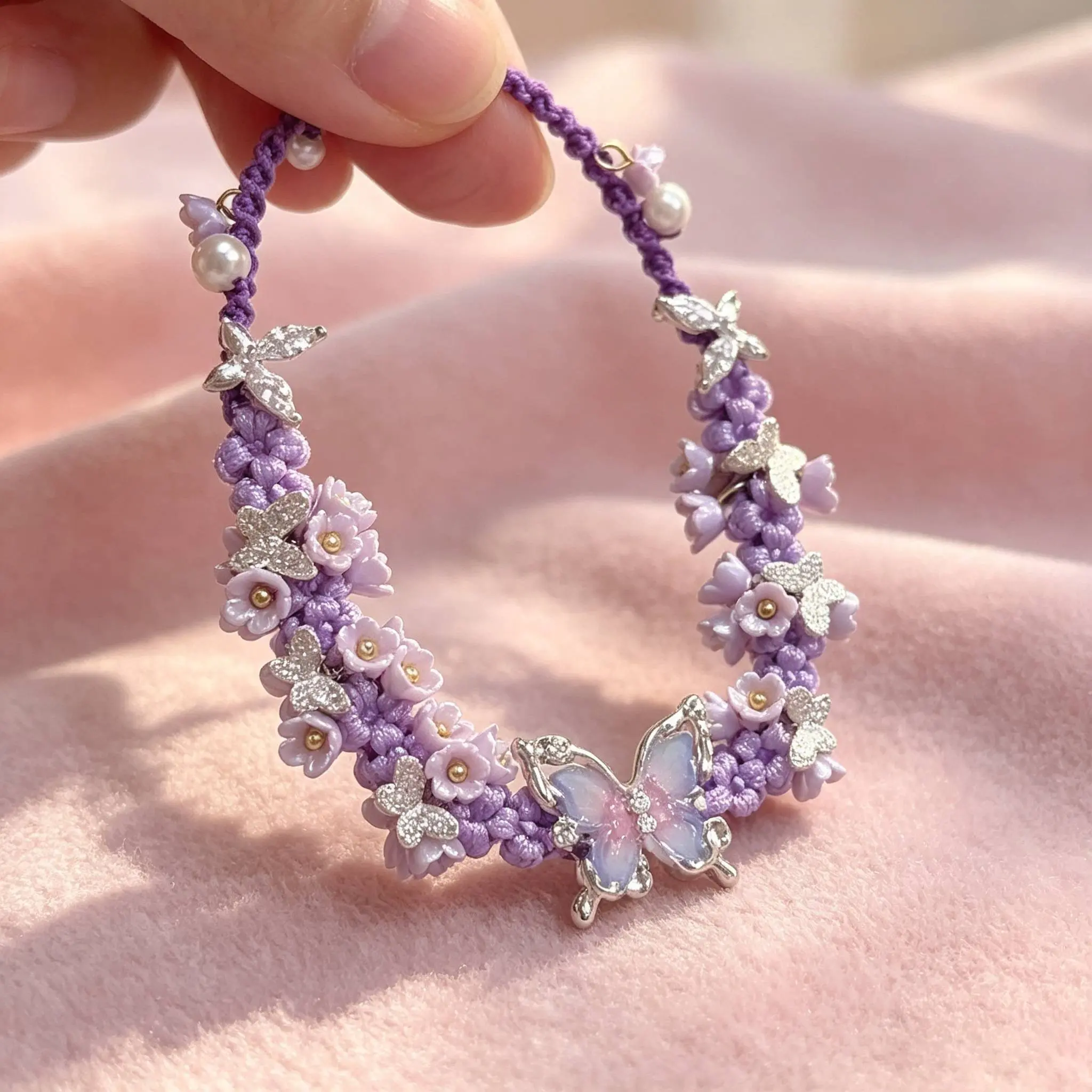 Women's Casual Whimsical Synthetic Purple Floral Bracelet - Butterfly Charms, Pearl Accents, Unique Non-Natural Crystal Jewelry Accessory